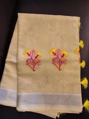 Beautiful Banarsi Tissue Silk Saree in Lemon Yellow with Carnation Design Hand Embroidery and Chikankari work