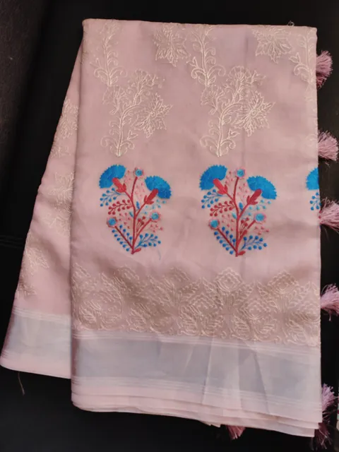 Beautiful Banarsi Tissue Silk Saree in Baby Pink with Caration design Hand embroidery and Chikankari Work