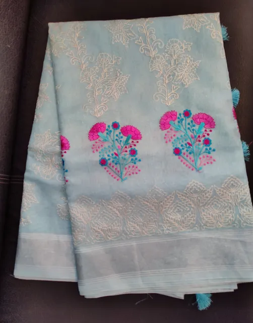 Beautiful Banarsi Tissue Silk saree in Sky Blue with Carnation Floral Design Hand Embroidery and Chikankari Work