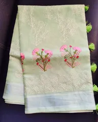 Beautiful Banarsi Tissue Silk Saree in Pista Green with Carnation design Hand Embroidery and Chikankari Work