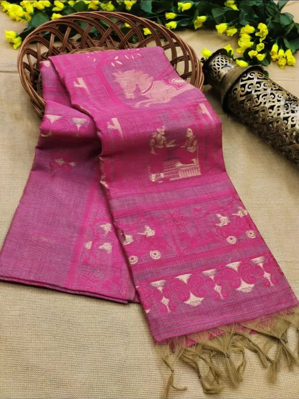 Beautiful and Elegant Fine Cotton silk Baluchari Saree in Rose Pink Colour with Rani Pink And Gold Thread Weaving