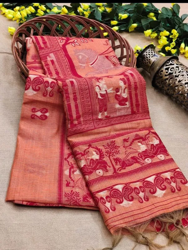 Beautiful and Elegant Fine Cotton silk Baluchari Saree in Rust Orange Colour with Red And Gold Thread Weaving