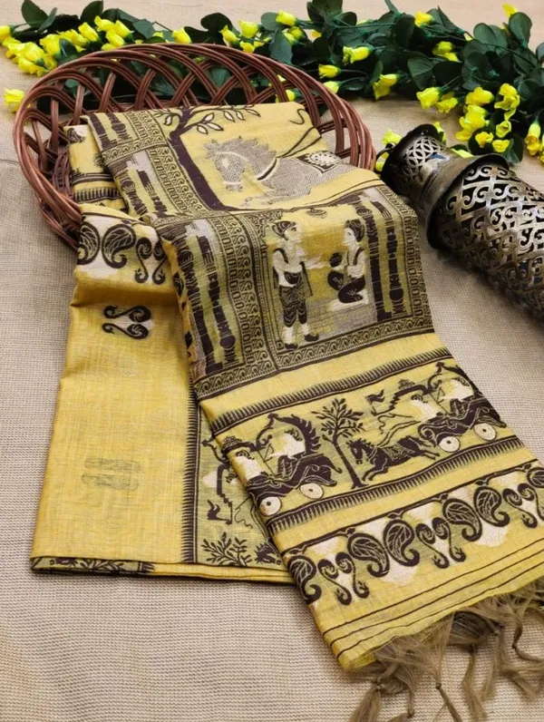 Beautiful and Elegant Fine Cotton silk Baluchari Saree in Yellow with Coffee Brown And Gold Thread Weaving