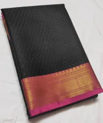 Beautiful Kora Tanchoi Silk Saree in Black with Rani Pink and Gold Zari Border