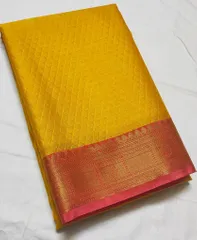 Beautiful Kora Tanchoi Silk Saree in Mustard Yellow with Rani Pink and Gold Zari Border