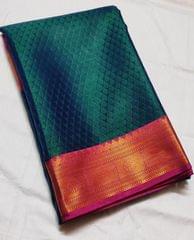 Beautiful Kora Tanchoi Silk Saree in Aquamarine Blue  with Rani Pink and Gold Zari Border