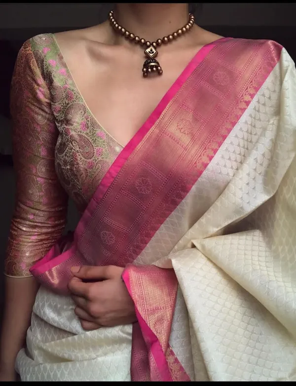 Beautiful Kora Tanchoi Silk Saree in Off white with Rani Pink and Gold Zari Border