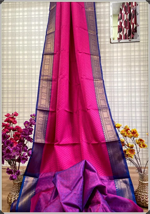 Beautiful Kora Tanchoi Silk Saree in Rani Pink with Mauve and Gold Zari Border
