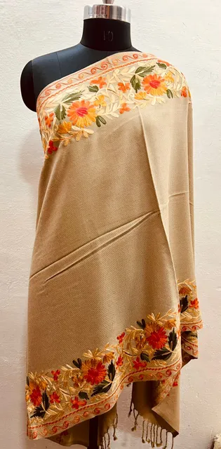 Pure Wool Pashmina Stole in Fawn Colour with Beautiful Kashmiri Embroidered Border with Multi- coloured thread
