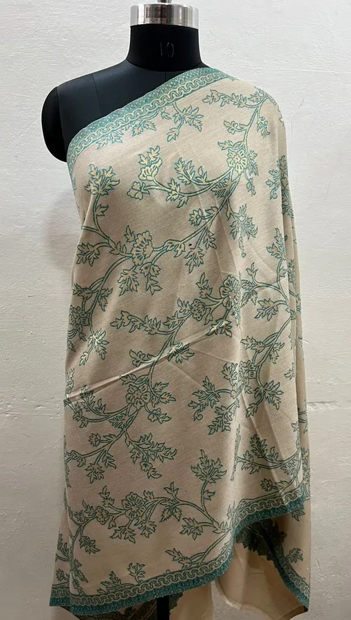 Elegant Pashmina Shimmer Kani Stole in Fawn colour with Green and Gold weaving