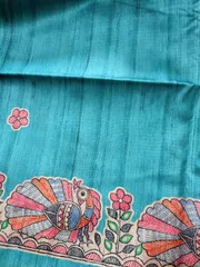 Bhagalpuri Pure Tussar Silk in Emerald Blue with Beautiful Handblock Madhubani Print