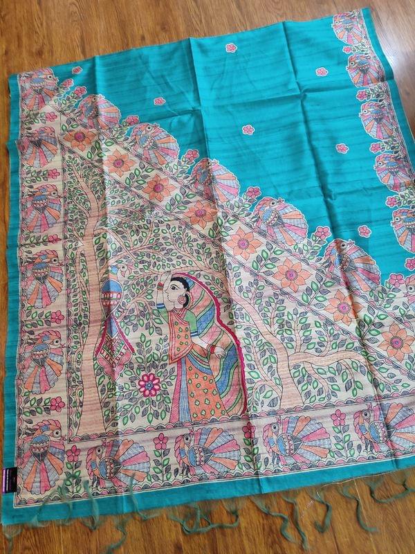 Bhagalpuri Pure Tussar Silk in Emerald Blue with Beautiful Handblock Madhubani Print