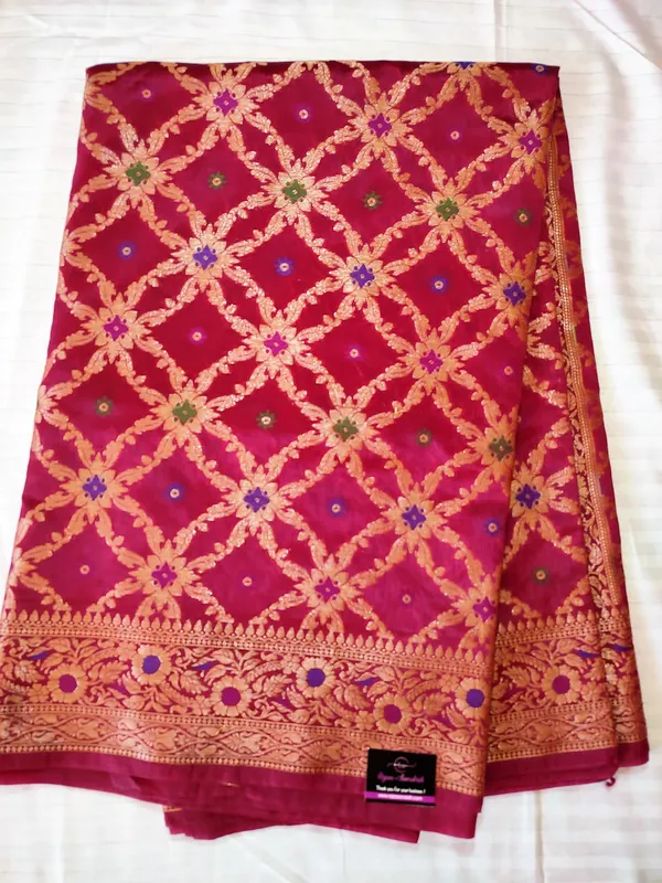 Beautiful Banarsi Dupion Silk Saree in Cherry Red colour in Gharchola Design