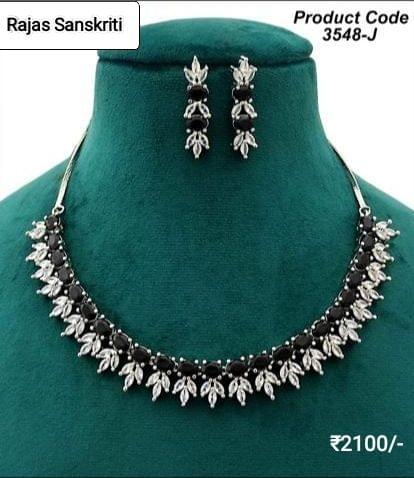 Beautiful and Smart American Diamond and Black Stone Necklace Set studded in Silver