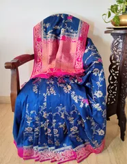 Banarsi Silk Saree in Azure Blue and Rani Pink with Zari Jaal work