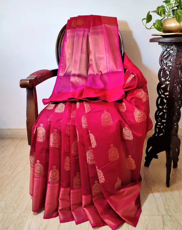 Pure Banarsi Silk Saree in Barn Red with Beautiful Copper Zari Work