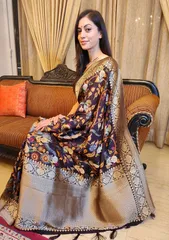 Gorgeous Banarsi Munga  Black Printed Silk Saree with Golden Resham Border and Butas