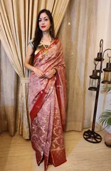 Banarsi Pure Kataan Silk in Onion Pink with Zari Jaal Work, Red Border And Aanchal