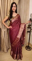 Pure Khaddi Georgette Saree in Plum Colour with Heavy Rose Gold Zari Weaving
