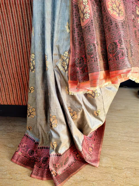 Elegant Pure Dupion Silk Saree In Earth Grey with Bubblegum Pink Border and Anchal