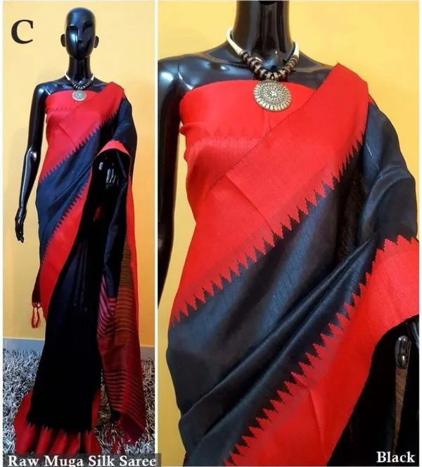 Raw Munga Silk Saree in Black with Red Temple border