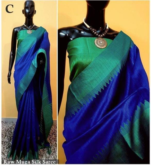 Raw Munga Silk in Royal Blue with Green Temple Border