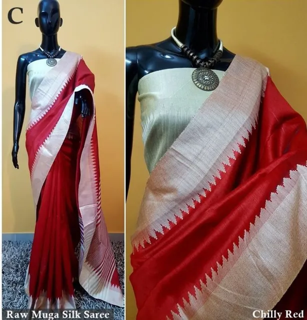 Raw Munga Silk Saree in Amaranth Red with Off-White Temple Border