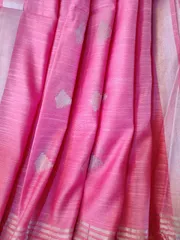 Pure Bhagalpuri Silk Saree In Bubblegum Pink with Silver Zari Border and Butis