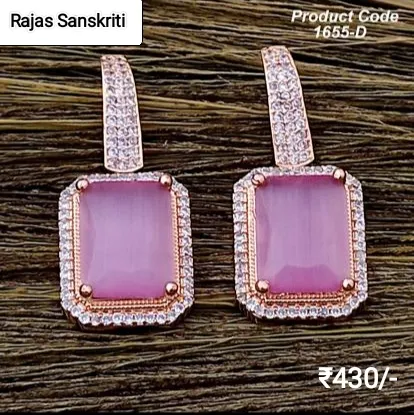 American Diamond Earrings with Pink Stone studded in Rose Gold