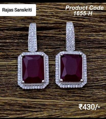 American Diamond Earrings with Deep Wine Coloured Stone studded in Silver Metal