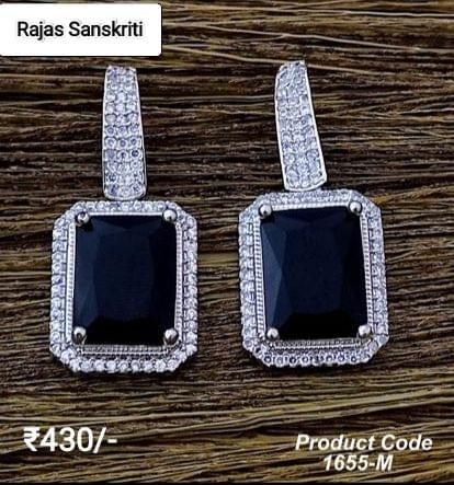 American Diamond Earrings with Navy Blue Stone studded in Silver Metal