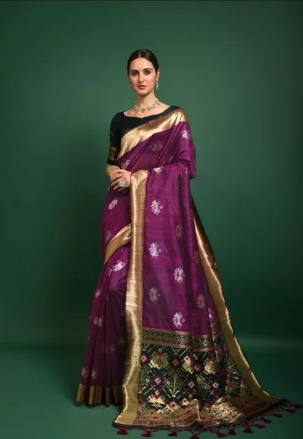 Ethnic Patola Raw Silk Saree in Rich Violet Colour with Deep Green and Gold Aanchal