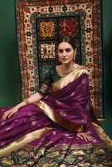 Ethnic Patola Raw Silk Saree in Rich Violet Colour with Deep Green and Gold Aanchal
