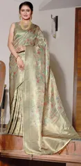 Beautiful  Digital Printed Jacquard Silk Saree in Fawn Colour with Dull Gold Aanchal and Border