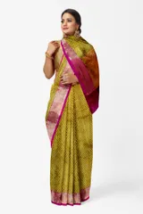 Beautiful Kora Tanchoi Silk Saree in Mustard Yellow with Rani Pink and Gold Zari Border