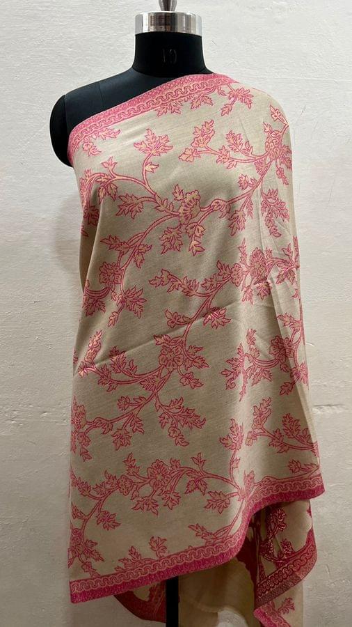 Elegant Pashmina Shimmer Kani Stole in Fawn colour with Pink and Gold weaving