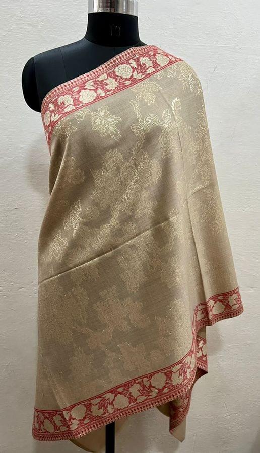 Beautiful Pashmina Shimmer Kani Stole in Fawn Colour with Red and Gold Border