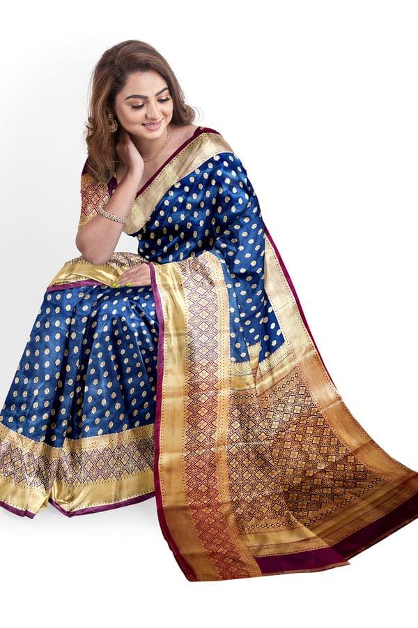 Gorgeous Orissa Silk in Steel Grey with Zari Bomkai Border and Heavy Zari Aanchal in Maroon