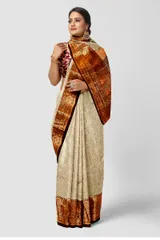 Beautiful Smoke Grey Banarasi Cotton Silk Saree with  Self Weaving and Broad Chocolate Red Zari Border