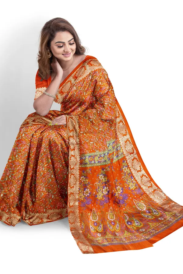 Banarasi Printed Crepe Silk Saree In Bright Orange with Zari Border.