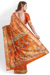 Banarasi Printed Crepe Silk Saree In Bright Orange with Zari Border.