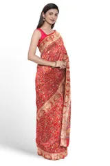 Banarasi Printed Crepe Silk Saree In Scarlet Red with Zari Border.