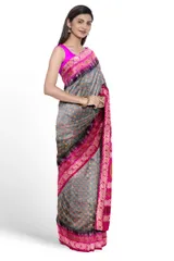 Smart and Elegant Block Printed Silk Saree in Steel Grey with Rani Pink Border and Anchal