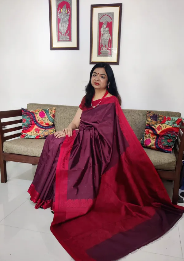 Ravishing Red and Maroon Banarsi Silk Saree with Resham Work on Border and Aanchal