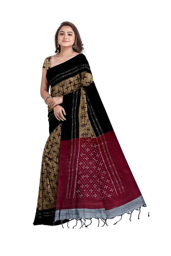 Pure Sambalpuri cotton Saree In Mustard yellow with Contrast Black Border and  Red Aanchal