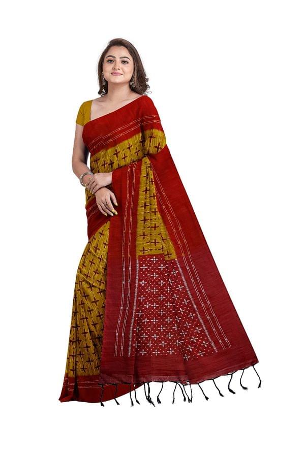 Pure Sambalpuri cotton Saree In Mustard Yellow with Contrast Red Border and Aanchal