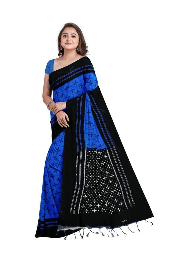 Pure Sambalpuri cotton Saree In Indigo Blue with Contrast Black Border and Aanchal