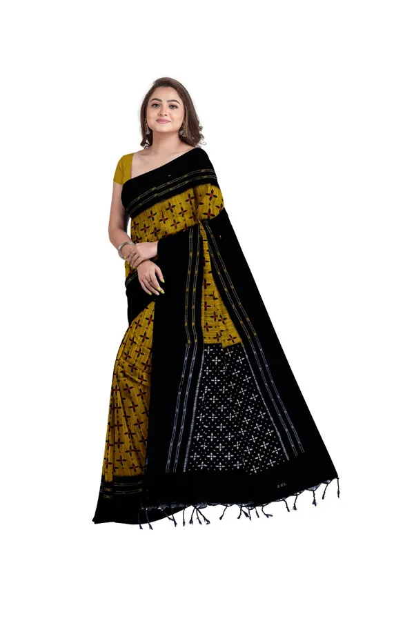 Pure Sambalpuri cotton Saree In Mustard Yellow with Contrast Black Border and Aanchal
