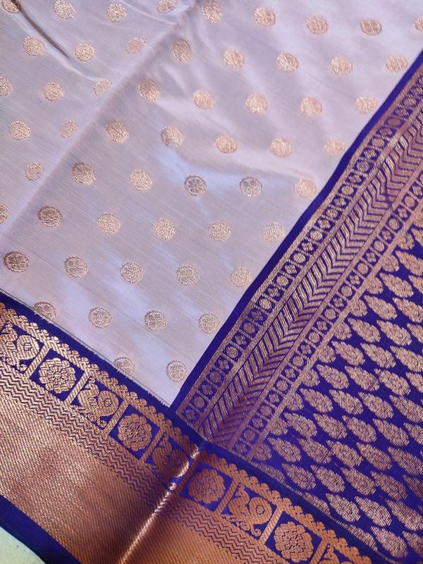 Gorgeous Pure Kanjivaram Silk Saree in Light Tan Colour with Contrast Violet Border and Anchal