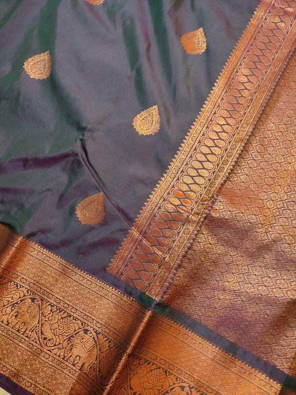 Gorgeous Pure Kanjivaram Silk Saree in Dual Tone of Aegean Blue with Copper Zari Woven Border and Anchal